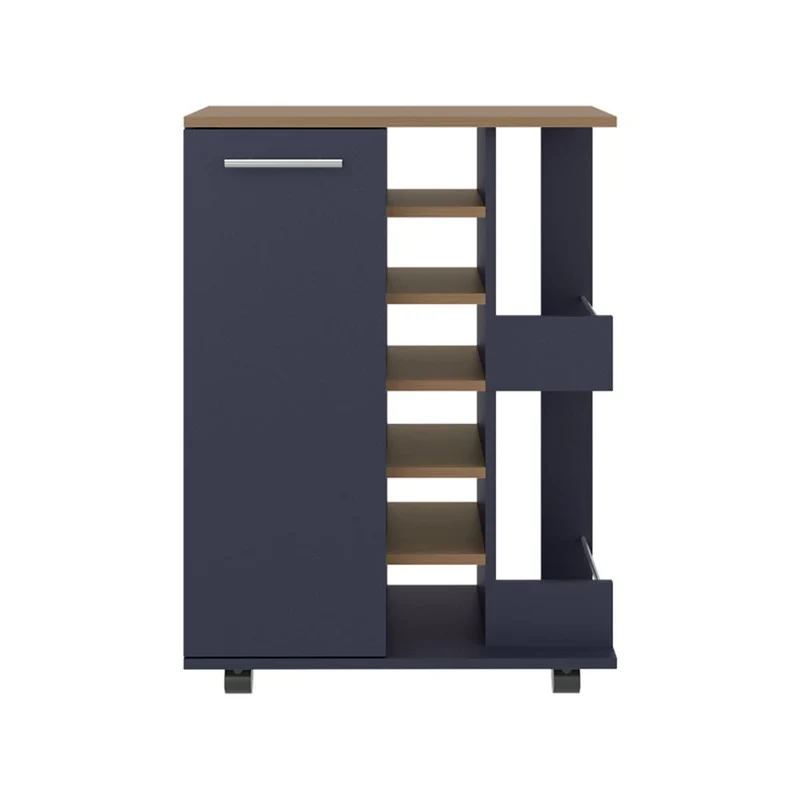 Bar Cart Argus, Azul y Fresno Kronos, con Espacio Para Botellas y Porta Copas