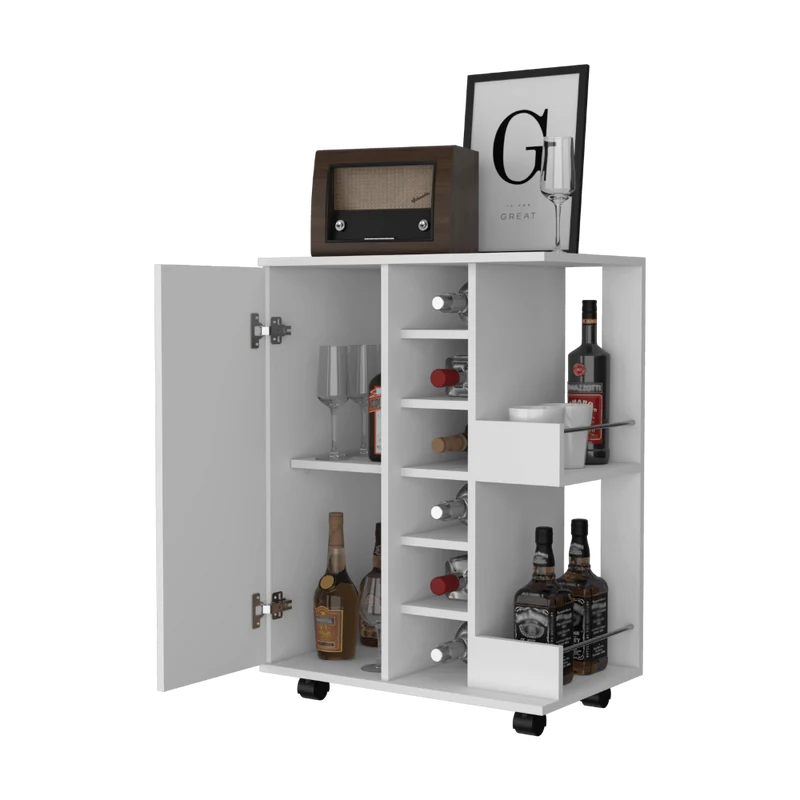 Bar Cart Argus ,Blanco Nevado, con Una Puerta y Patas con Rodachines ZF