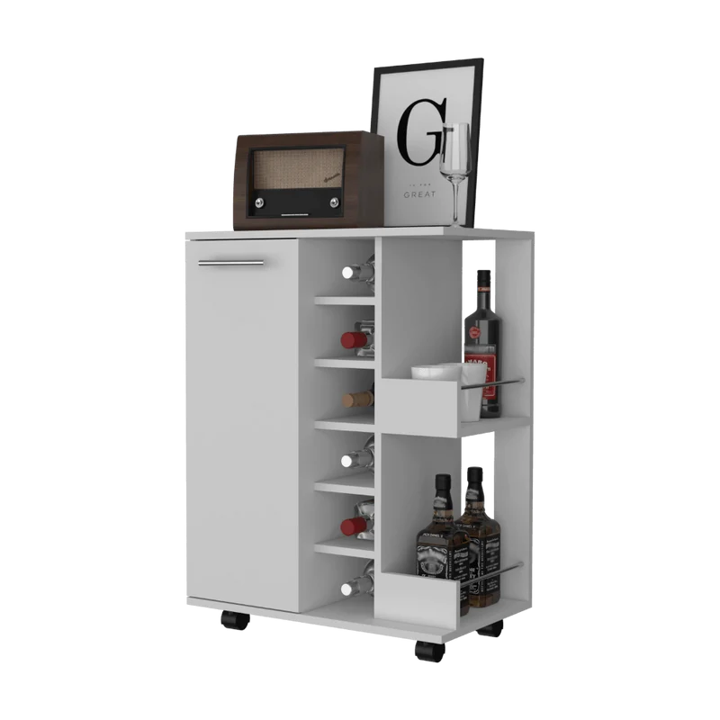 Bar Cart Argus ,Blanco Nevado, con Una Puerta y Patas con Rodachines ZF