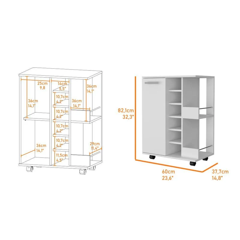 Bar Cart Argus ,Blanco Nevado, con Una Puerta y Patas con Rodachines ZF
