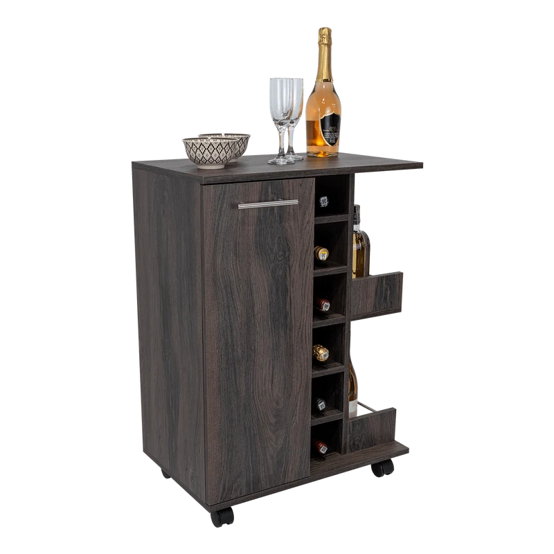 Bar Cart Argus, Grafito, con Espacio Para Botellas y Porta Copas