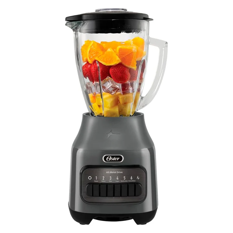 Licuadora Oster Value de 6 velocidades, gris, vaso de vidrio, 800 W.