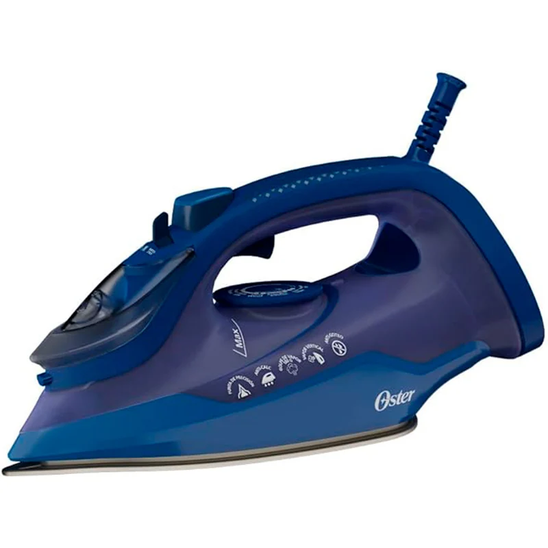 Plancha de ropa Oster Aeroceramic con punta de precisión, gatillo y golpe de vapor, azul.
