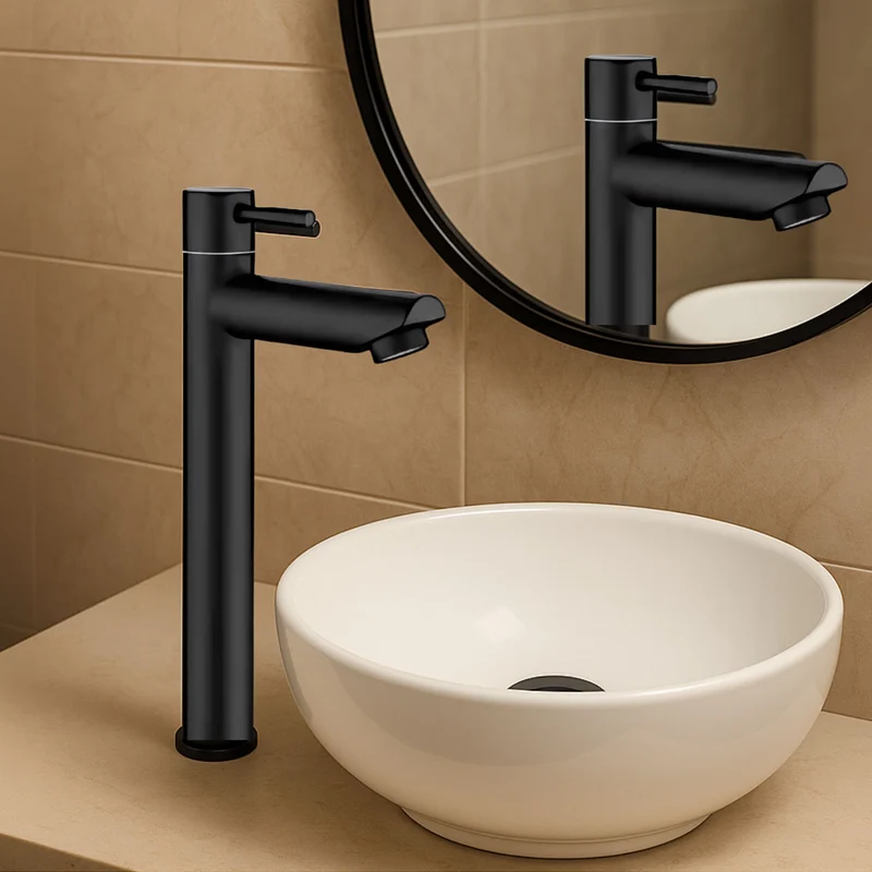 Grifería poste alto negra para lavamanos - agua fría, 1/2" universal