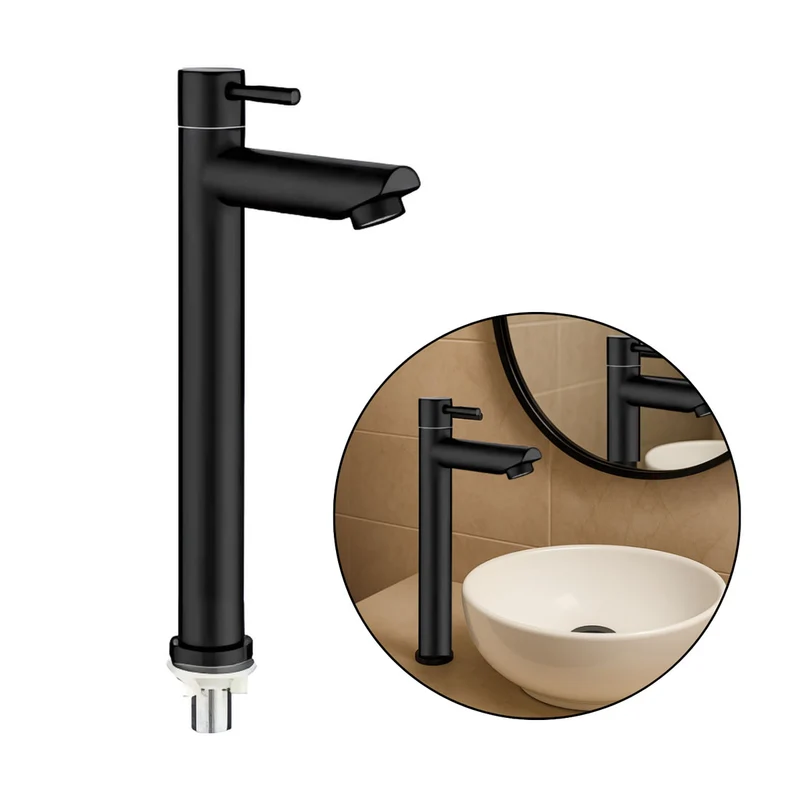 Grifería poste alto negra para lavamanos - agua fría, 1/2" universal