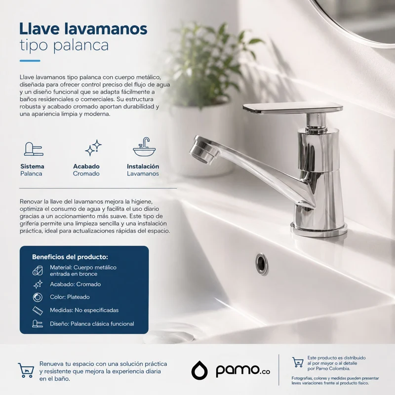 Llave lavamanos palanca cuerpo metálico entrada bronce color cromado