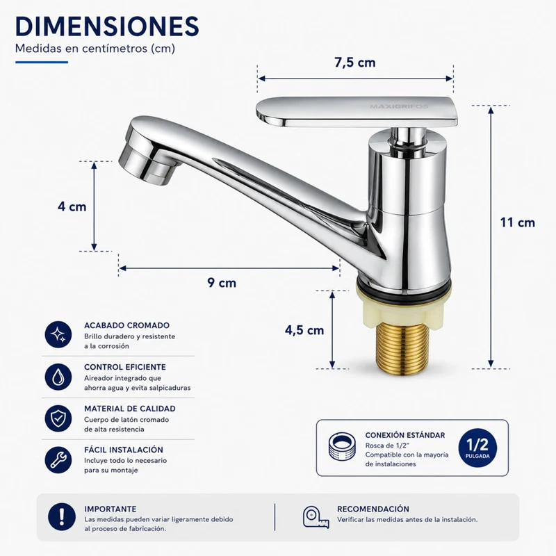 Llave lavamanos palanca cuerpo metálico entrada bronce color cromado
