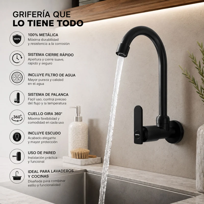 Grifería de pared para lavaplatos negra agua fría