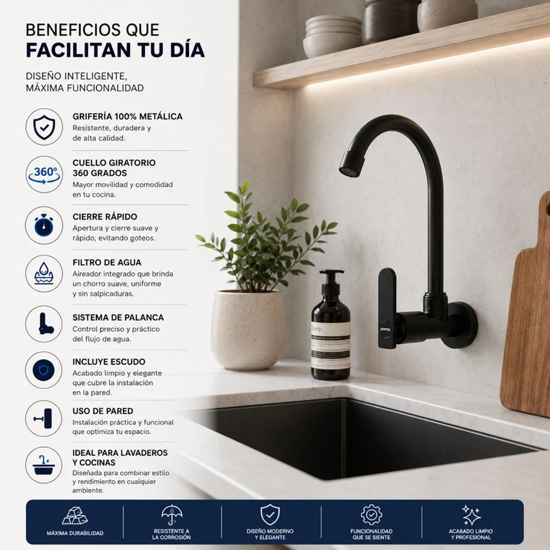 Grifería de pared para lavaplatos negra agua fría
