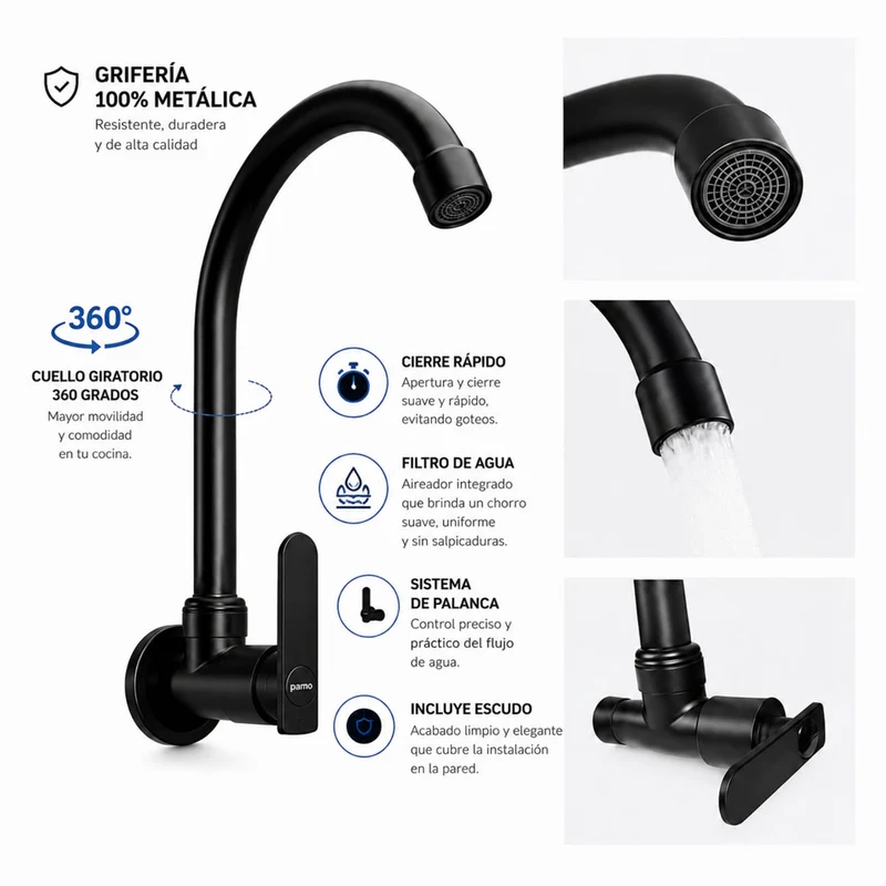 Grifería de pared para lavaplatos negra agua fría