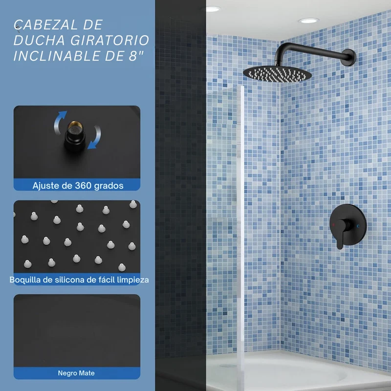 Grifería para ducha mono control negro metálico redonda, sistema universal de 1/2", cuerpo en bronce
