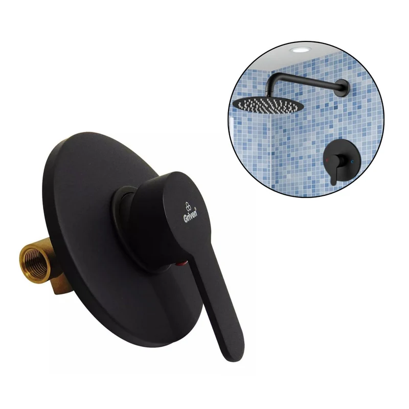 Grifería para ducha mono control negro metálico redonda, sistema universal de 1/2", cuerpo en bronce
