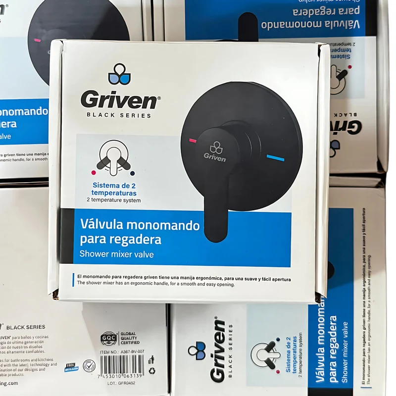 Grifería para ducha mono control negro metálico redonda, sistema universal de 1/2", cuerpo en bronce