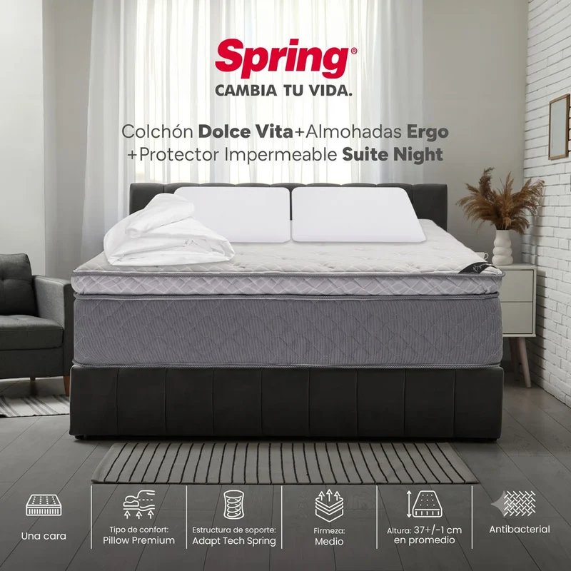 Combo colchón Spring Dolce Vita doble 140x190 cm + almohadas ergo + Protector