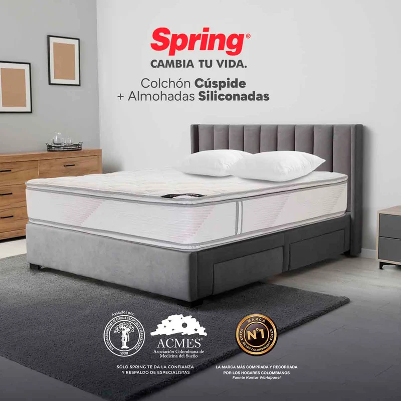 Combo colchón spring cuspide-queen 160x190 cm + set almohada siliconada
