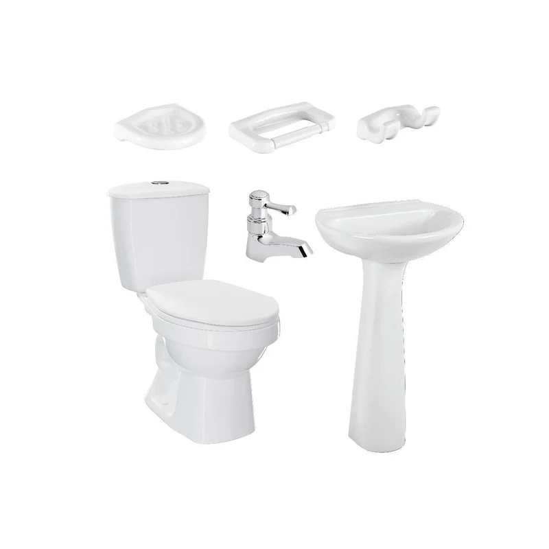 Combo sanitario, lavamanos con pedestal, grifería y accesorios marca corona