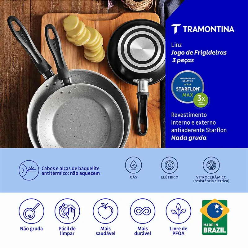 Juego de sartenes linz en aluminio con antiadherente negro 3 piezas Tramontina