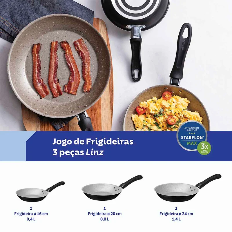 Juego de sartenes linz en aluminio con antiadherente negro 3 piezas Tramontina