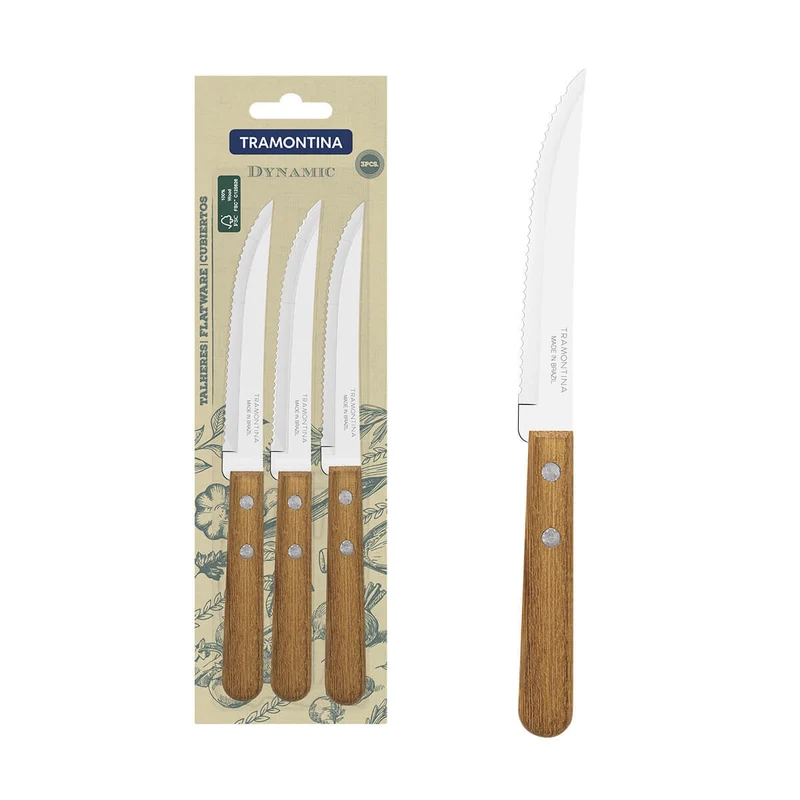 Juego de cuchillos filo dentado dynamic con mango madera 3 piezas Tramontina