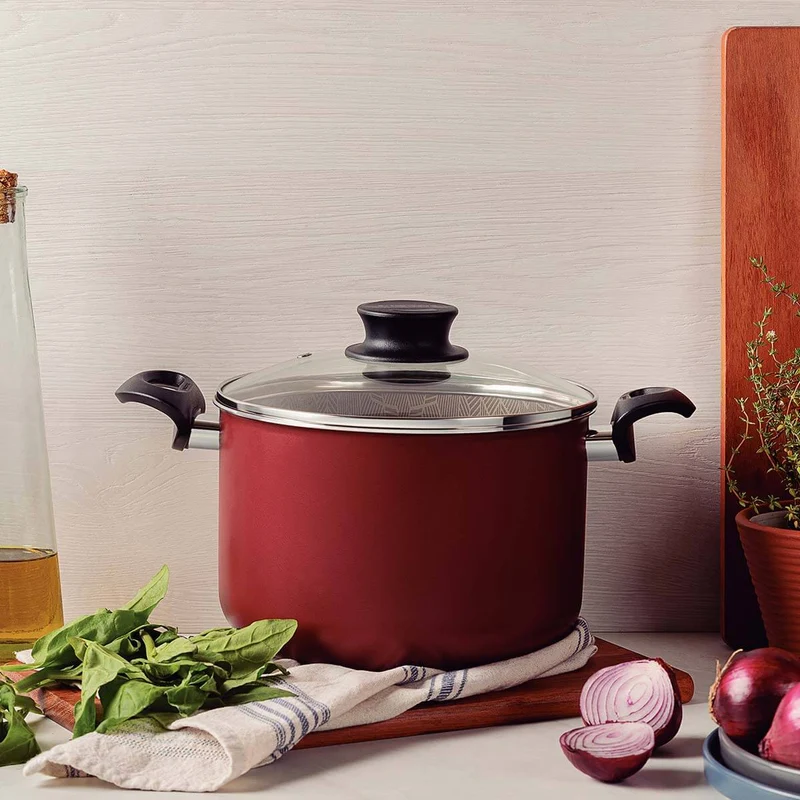 Olla alta antiadherente con tapa de vidrio color rojo 2.4 litros Tramontina