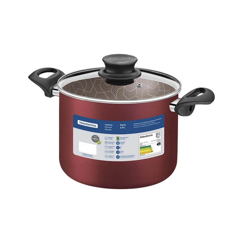 Olla alta antiadherente con tapa de vidrio color rojo 2.4 litros Tramontina