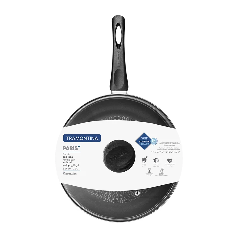 Sartén paris en aluminio con antiadherente negro 26 cm y 2,3 L con tapa Tramontina