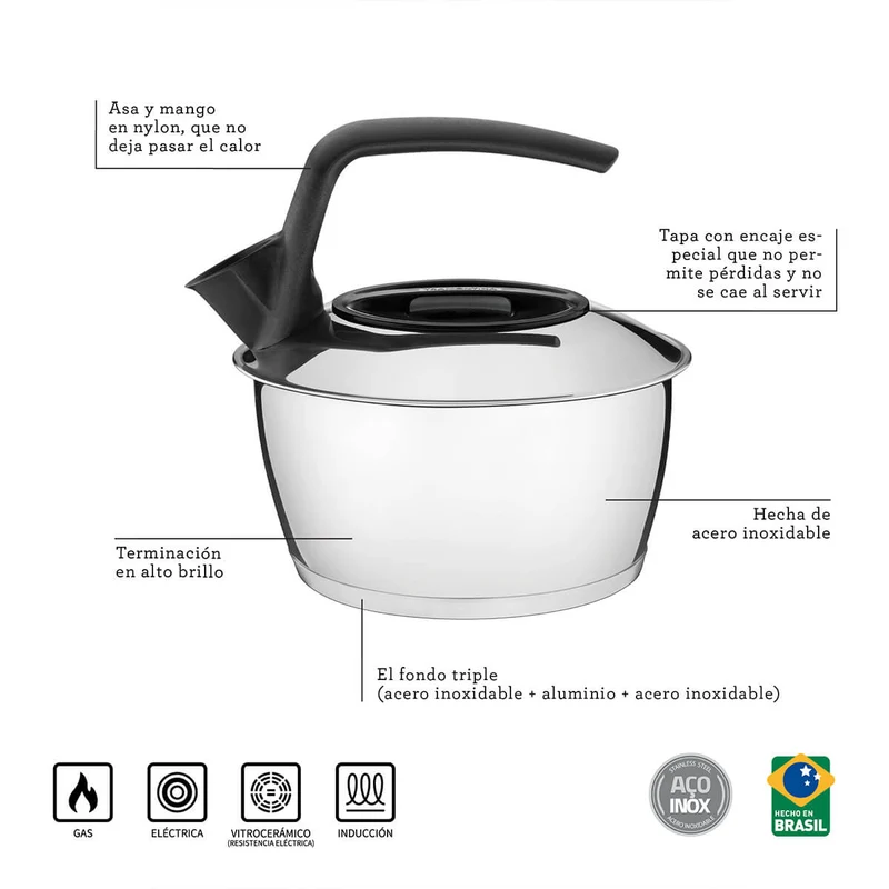 Tetera de acero inoxidable con fondo triple color negro 1.5 litros Tramontina