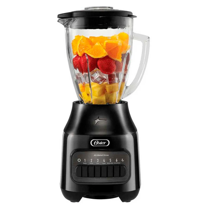 Licuadora Oster Value de 6 velocidades, negra, vaso de vidrio, 800 W.