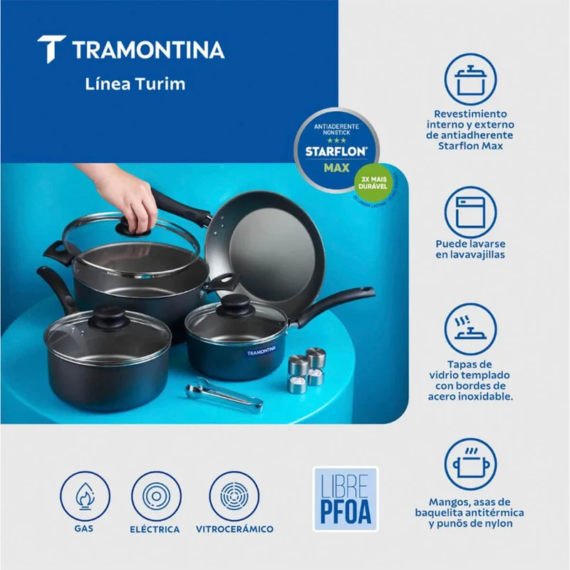 Bateria de Cocina Turim en Aluminio con Antiadherente 7 Piezas Tramontina