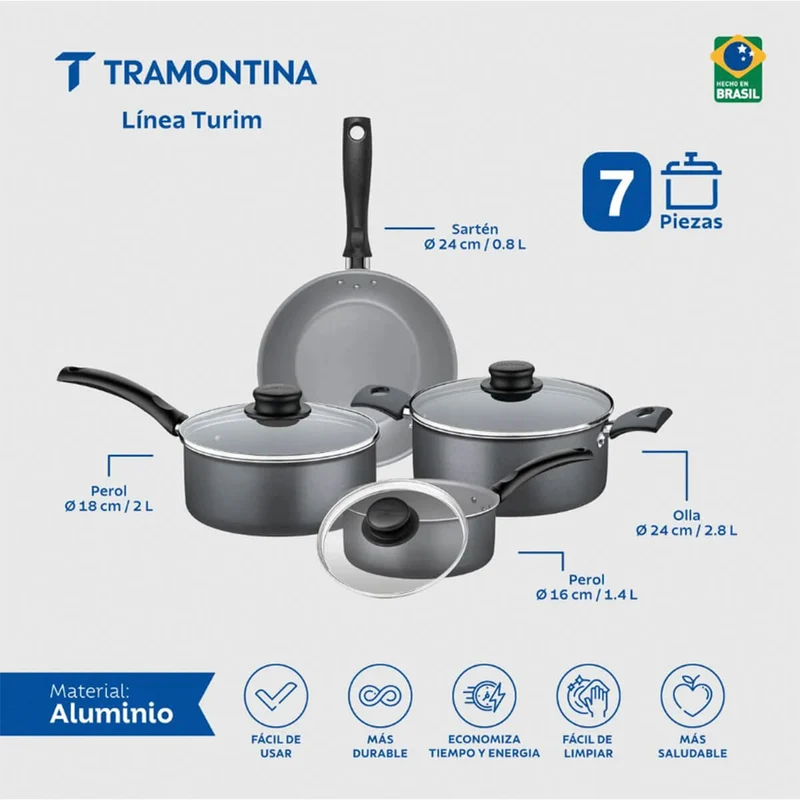 Bateria de Cocina Turim en Aluminio con Antiadherente 7 Piezas Tramontina