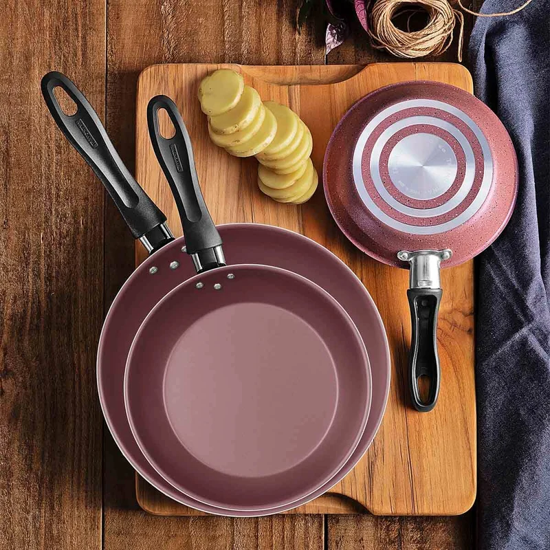 Juego de sartenes linz en aluminio con antiadherente rosa 3 piezas Tramontina