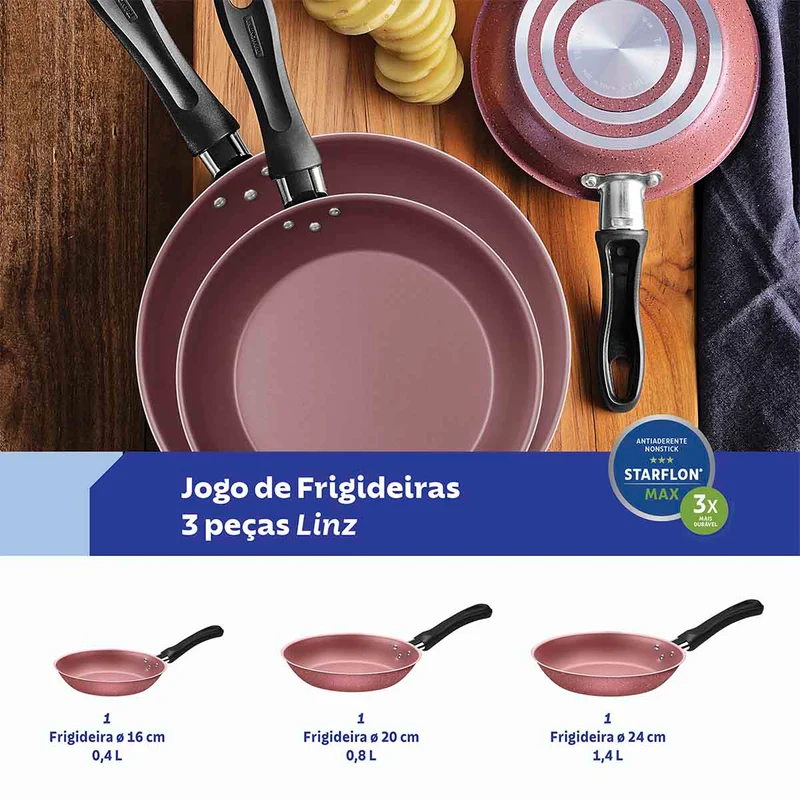 Juego de sartenes linz en aluminio con antiadherente rosa 3 piezas Tramontina