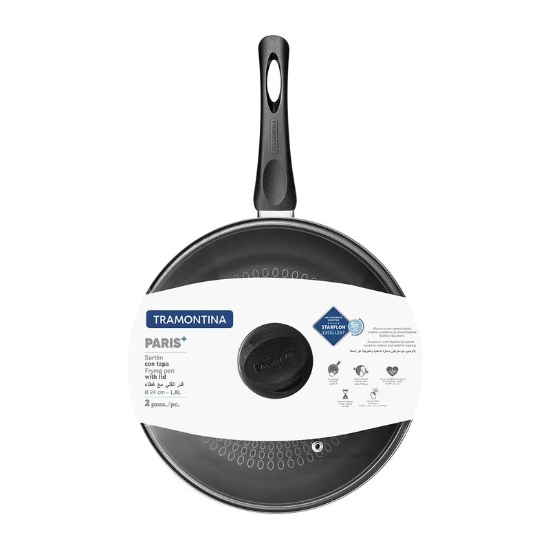 Sartén paris en aluminio con antiadherente negro 24 cm y 1,8 L con tapa Tramontina