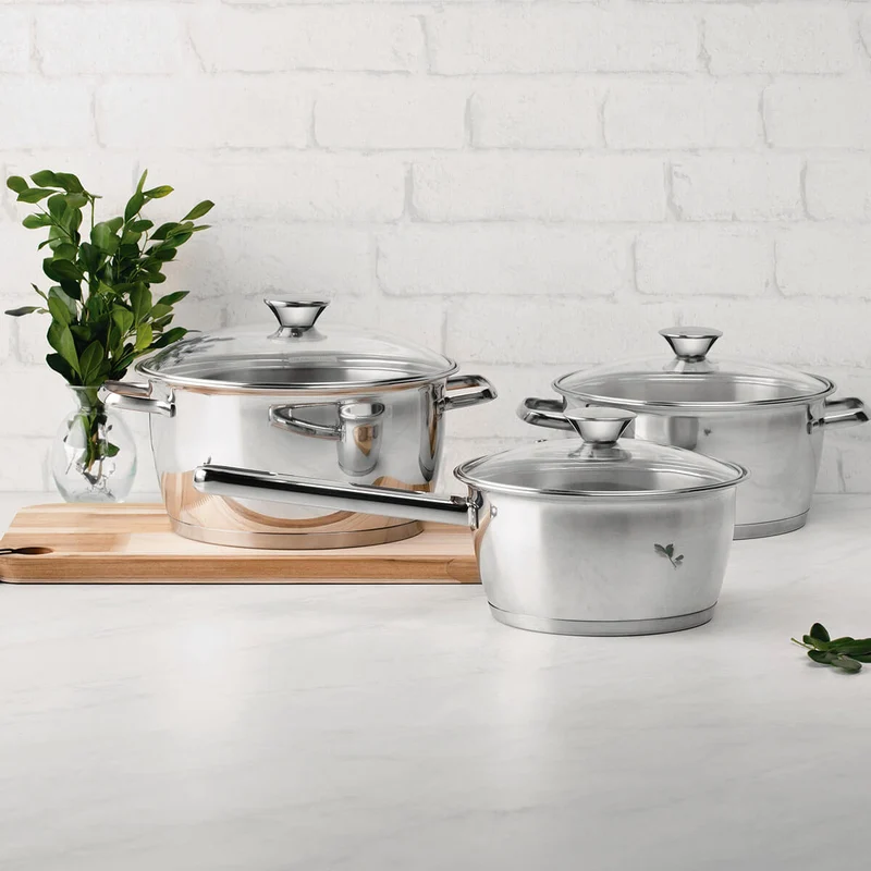Batería de cocina de acero inoxidable con tapa de vidrio de 3 piezas Tramontina