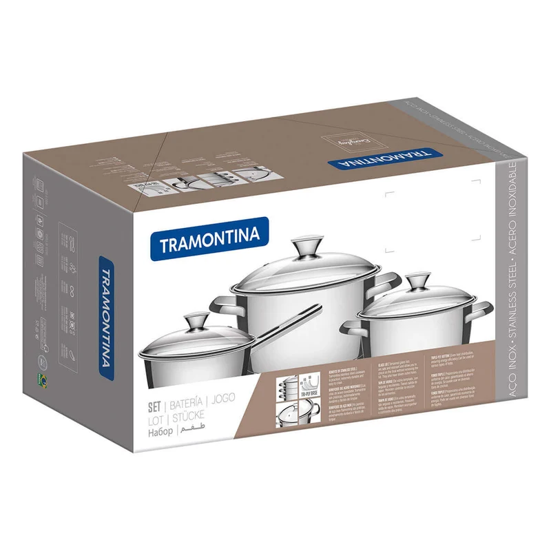 Batería de cocina de acero inoxidable con tapa de vidrio de 3 piezas Tramontina