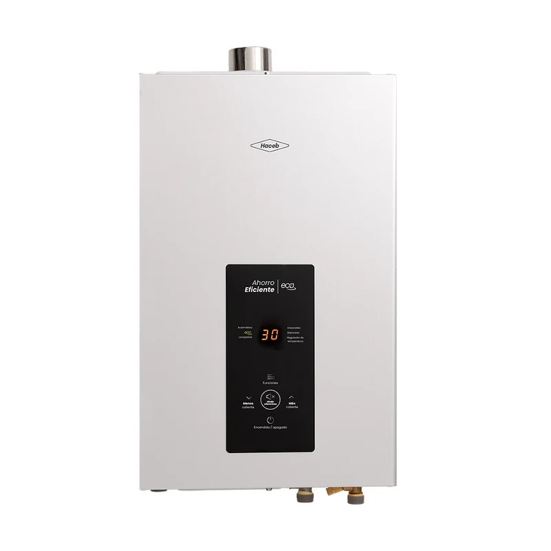 Calentador de paso tiro forzado 15 litros modulante a gas natural blanco marca Haceb.