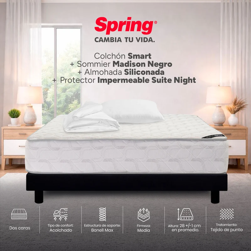 Combo colchón Spring smart sencillo 100x190 cm + base cama negra + almohada + protector