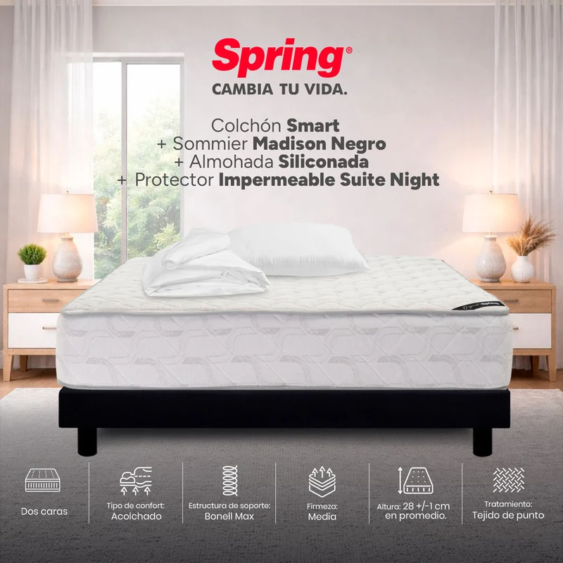 Combo colchón Spring smart semidoble 120x190 cm + base cama negra + almohada + protector