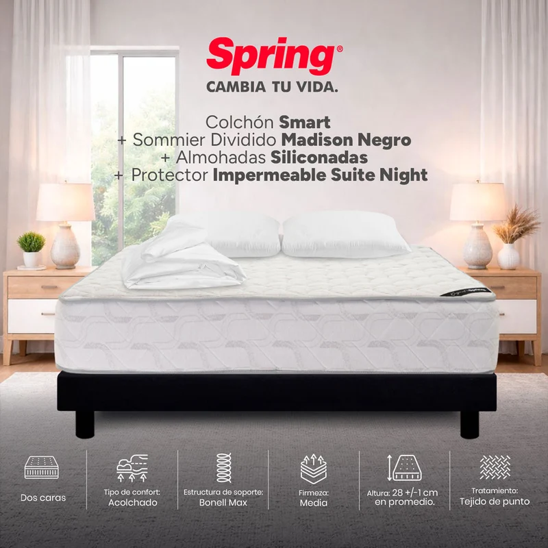 Combo colchón Spring smart queen 160x190 cm + base cama negra dividida + almohadas + protector