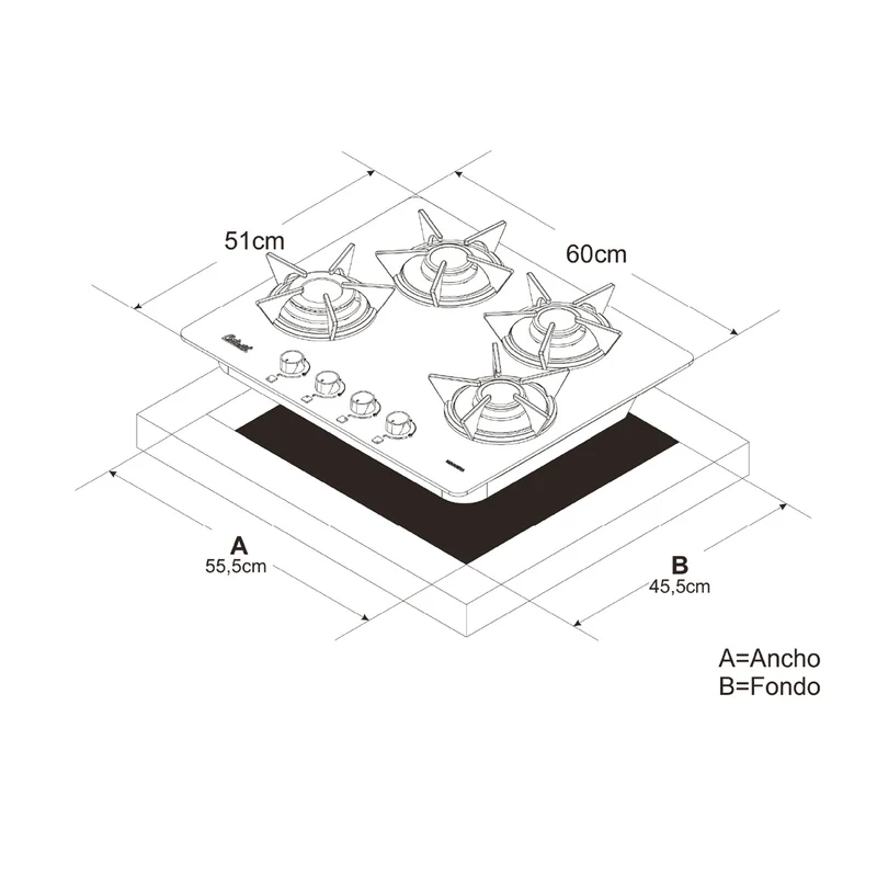 Estufa empotrable 4 puestos con medida de 60x51 a gas natural en vidrio templado negro Continental