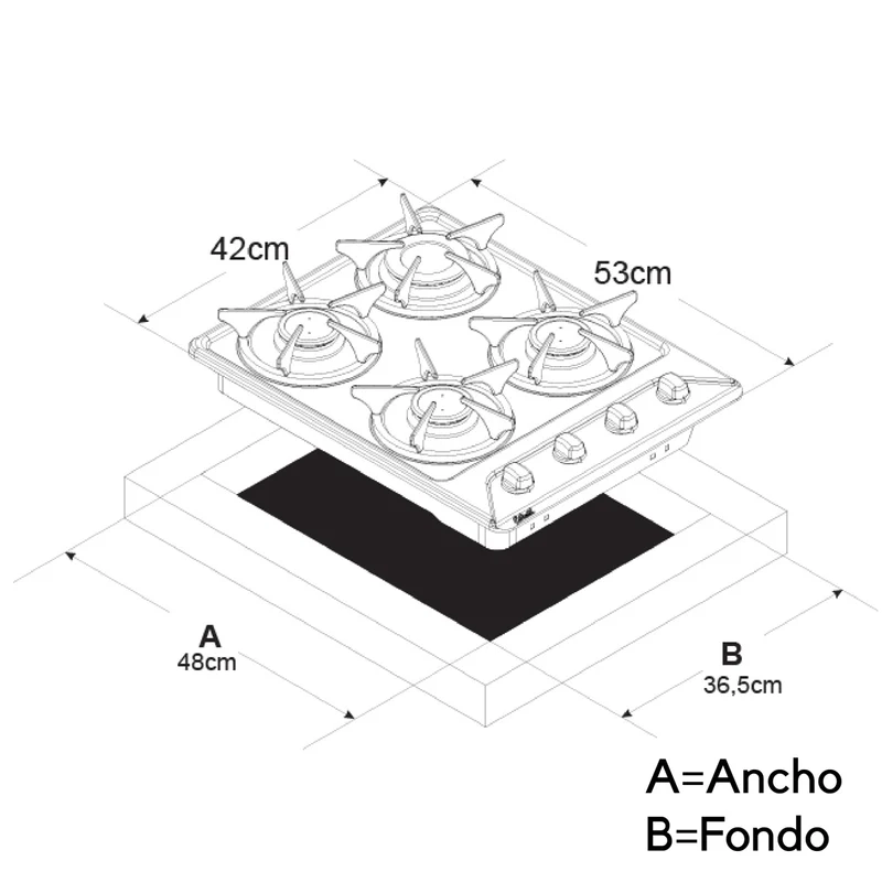 Estufa empotrable 4 puestos con medida de 53x11 a gas propano acero inoxidable Continental