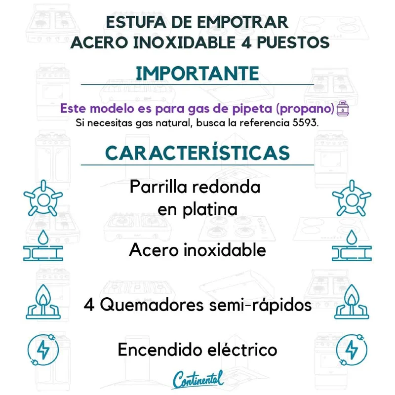 Estufa empotrable 4 puestos con medida de 53x11 a gas propano acero inoxidable Continental
