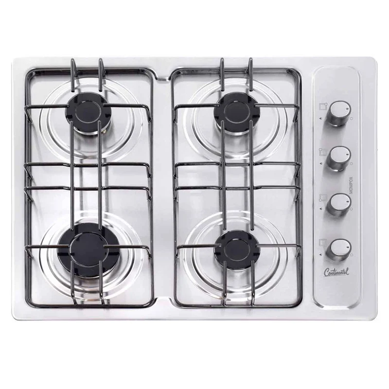 Estufa empotrable 4 puestos con medida de 61x51 a gas natural 110v en acero inoxidable, color gris Continental
