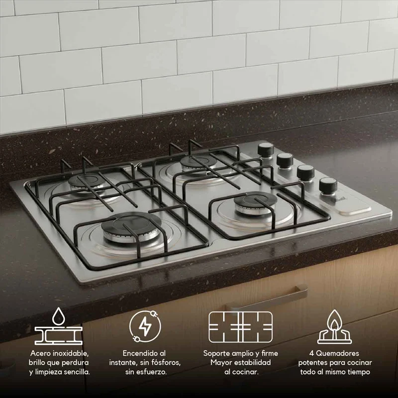Estufa empotrable 4 puestos con medida de 61x51 a gas natural 110v en acero inoxidable, color gris Continental