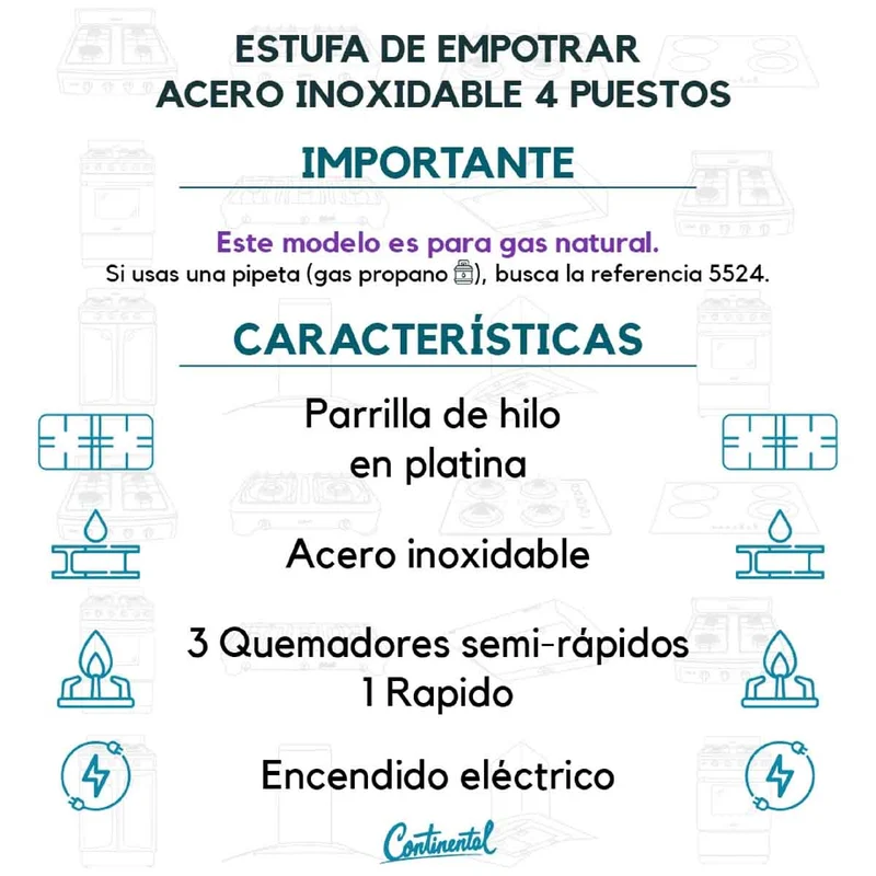 Estufa empotrable 4 puestos con medida de 61x51 a gas natural 110v en acero inoxidable, color gris Continental
