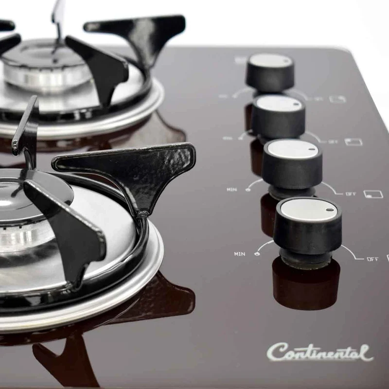 Estufa empotrable 4 puestos con medida de 62x52 a gas propano 110v en vidrio templado café Continental