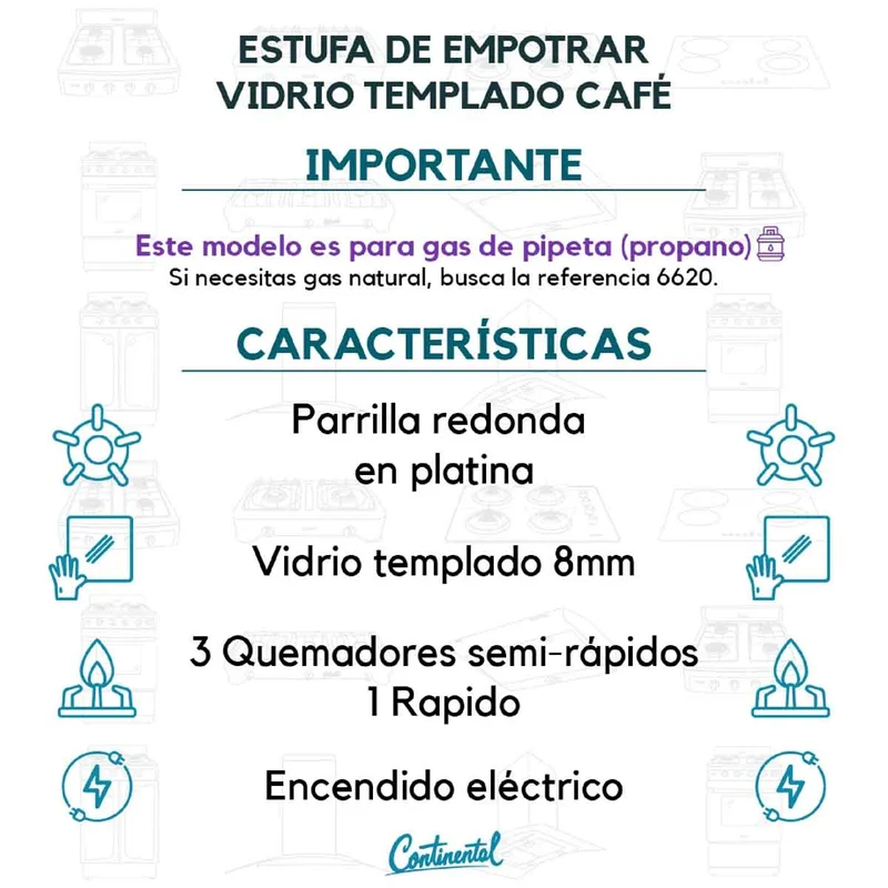 Estufa empotrable 4 puestos con medida de 62x52 a gas propano 110v en vidrio templado café Continental