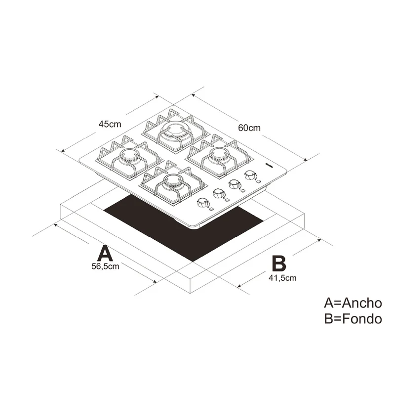 Estufa empotrable 4 puestos con medida de 60x45 cm a gas propano en vidrio templado Continental