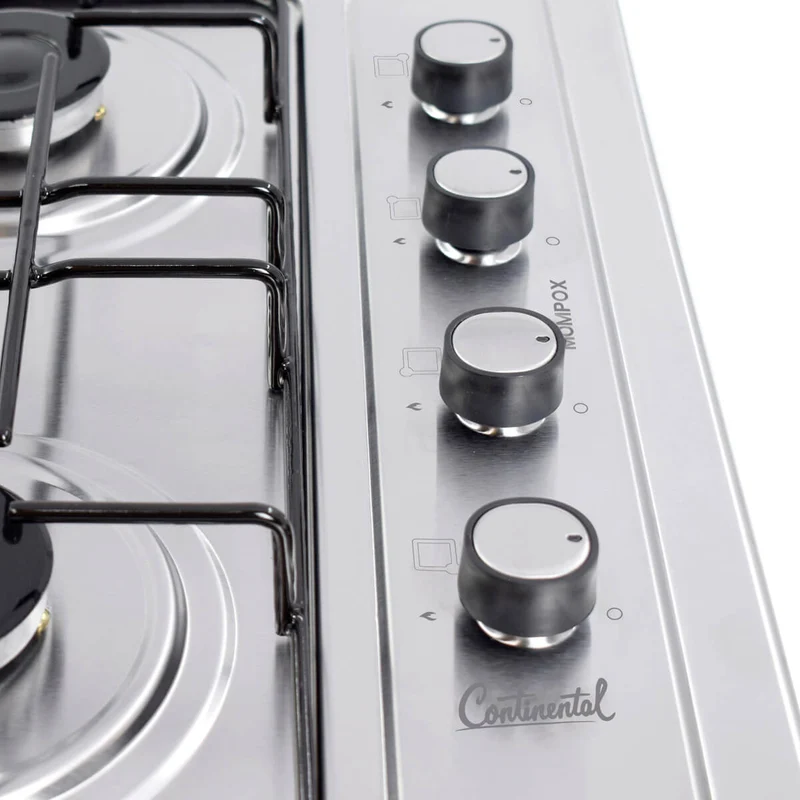 Estufa empotrable 4 puestos con medida de 61x51 a gas propano 110v en acero inoxidable Continental