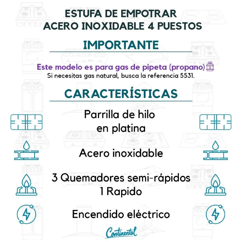 Estufa empotrable 4 puestos con medida de 61x51 a gas propano 110v en acero inoxidable Continental